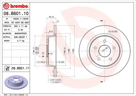 Гальмівний диск зад. Transit Connect/Kuga/C-max 10- BREMBO 08.B601.10 (фото 1)