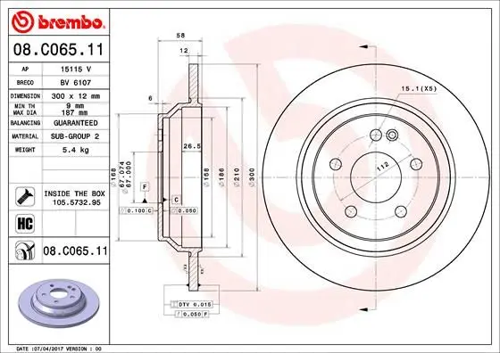 Гальмівний диск зад. MB Vito (W447) 14- BREMBO 08.C065.11 (фото 1)