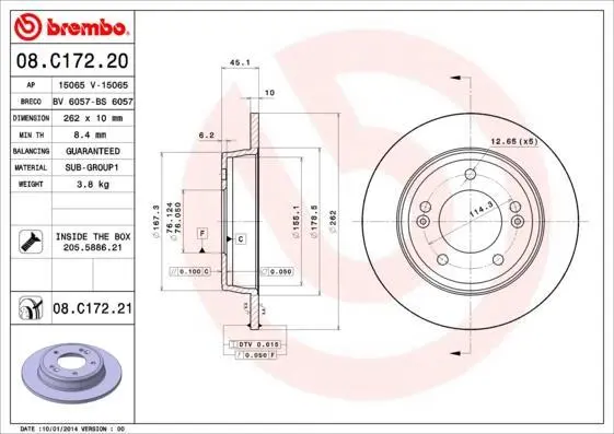 Гальмівний диск зад. Soul/Cerato/Ceed/Elantra/Creta/i30/Veloster/i35/Elantra 11- BREMBO 08.C172.20 (фото 1)