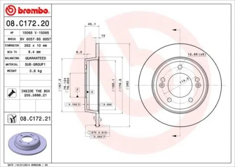Гальмівний диск зад. Soul/Cerato/Ceed/Elantra/Creta/i30/Veloster/i35/Elantra 11- BREMBO 08.C172.20