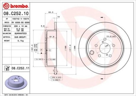 Гальмівний диск зад. Legacy/Outback/Liberty/Impreza/Forester 07- BREMBO 08.C252.11