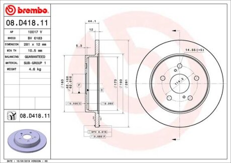 Фото гальмівний диск зад. Toyota RAV 4 18- BREMBO 08.D418.11 Гальмівний диск зад. Toyota RAV 4 18- BREMBO 08.D418.11