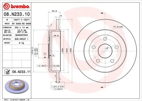 Гальмівний диск зад. Jeep Grand Jerokee 10- BREMBO 08.N233.11 (фото 1)