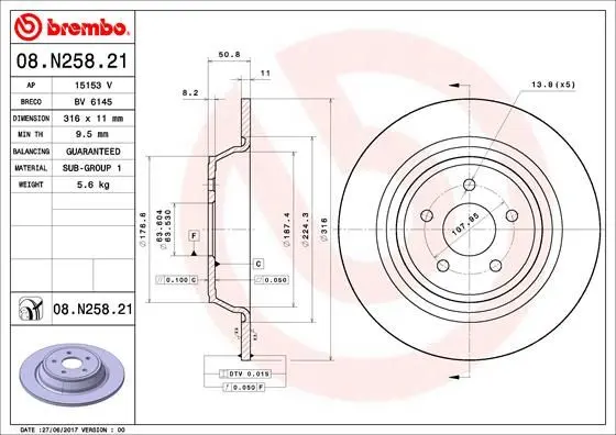 Гальмівний диск зад. Ford Kuga 13-19/Mondeo 14- BREMBO 08.N258.21 (фото 1)