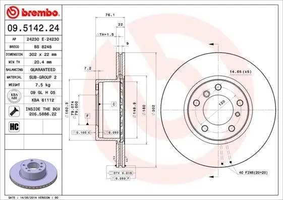 Гальмівний диск пер. BMW 5 (E34)/7 (E32) 88-95 BREMBO 09.5142.24 (фото 1)