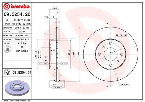 Гальмівний диск пер. Almera II 00-/Primera (280х22) BREMBO 09.5254.20 (фото 1)