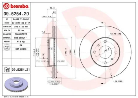 Гальмівний диск пер. Almera II 00-/Primera (280х22) BREMBO 09.5254.20