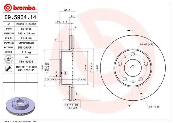 Гальмівний диск п./з. Jumper/Ducato 94-/Boxer 01- (280x66mm) BREMBO 09.5904.14 (фото 1)