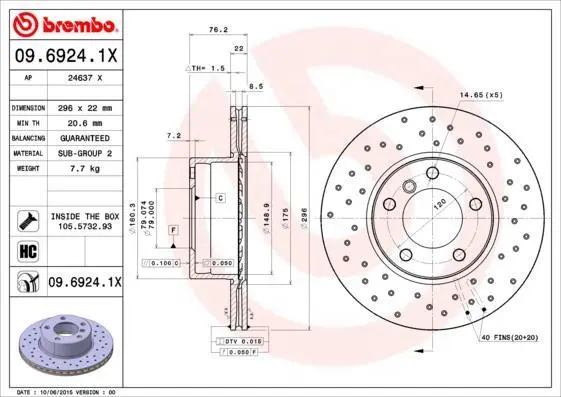 Гальмівний диск пер. Bmw e39 (296х22) BREMBO 09.6924.1X (фото 1)