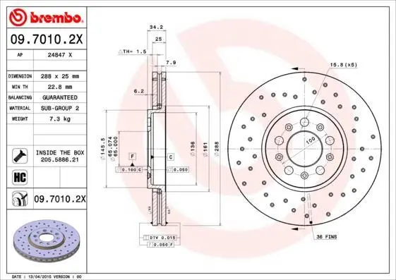 Гальмівний диск пер. A1/A3/Bora/Cordoba/Fabia 96-(288*25) BREMBO 09.7010.2X (фото 1)