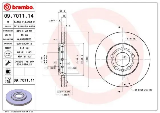 Гальмівний диск пер. SKODA Fabia AUDI A3; VW Golf 4 97- (256*22) BREMBO 09.7011.11 (фото 1)