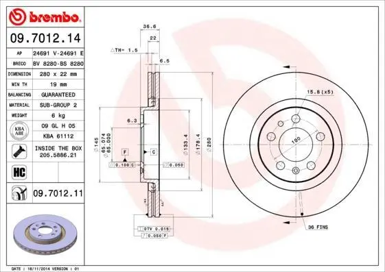 Гальмівний диск A3/Bora/Golf/Ibiza/Leon (96-15) BREMBO 09.7012.11 (фото 1)