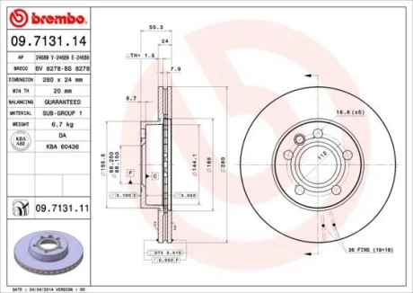 Гальмівний диск пер. Caravelle/Multivan/Transporter 90-03 BREMBO 09.7131.14