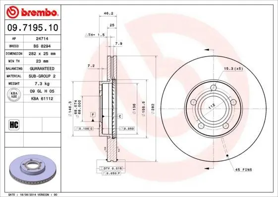 Гальмівний диск пер. Passat B5 96- (282x46mm) BREMBO 09.7195.10 (фото 1)