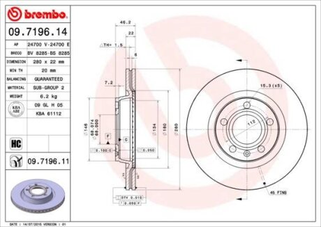 Гальмівний диск пер./зад. Passab B5 / Audi A4/A8 (280х22) BREMBO 09.7196.11