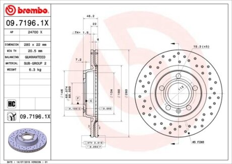 Фото гальмівний диск п./з. A4 94-/Passat B5 96- (280x46mm) BREMBO 09.7196.1X Гальмівний диск п./з. A4 94-/Passat B5 96- (280x46mm) BREMBO 09.7196.1X