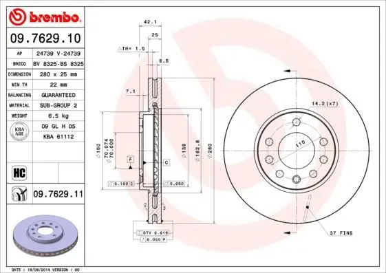 Гальмівний диск пер. Astra 98-/Combo 01-/Meriva 10-/Zafira 05- (280x42mm) BREMBO 09.7629.11 (фото 1)