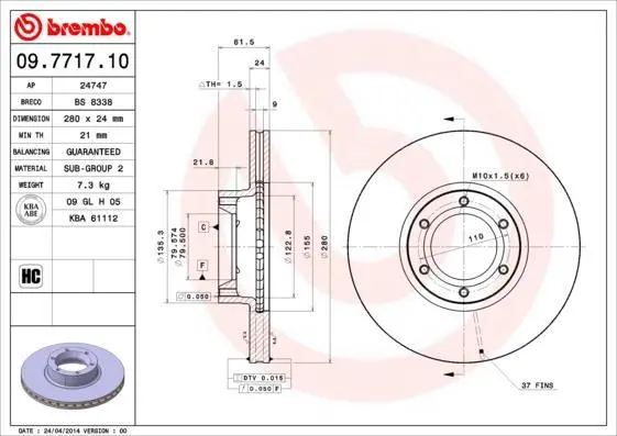 Гальмівний диск пер. Movano A 98-/ Master A 97- (280x62mm) BREMBO 09.7717.10 (фото 1)