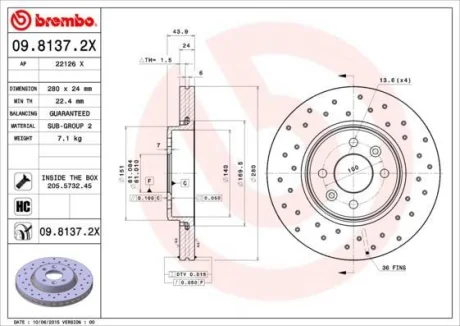 Гальмівний диск перед. Dokker/Lodgy/Captur 12-/Megane/Kangoo/Scenic 01- (280x24) BREMBO 09.8137.2X