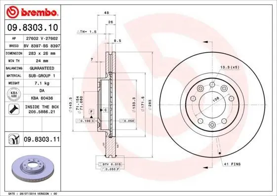 Гальмівний диск пер. Jumper I/Boxer 94-/508 I 10- (283x48mm) BREMBO 09.8303.11 (фото 1)