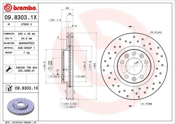 Гальмівний диск пер. Jumper I/Boxer 94-/508 10- (283x48mm) BREMBO 09.8303.1X (фото 1)