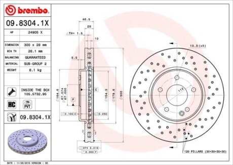 Фото гальмівний диск пер. W203/CL203/S203 01- (300x47mm) BREMBO 09.8304.1X Гальмівний диск пер. W203/CL203/S203 01- (300x47mm) BREMBO 09.8304.1X