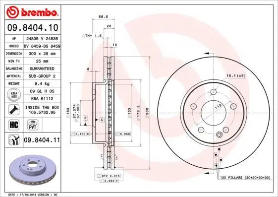 Гальмівний диск пер. MB Vito (W639/W447) 03- (300*28) BREMBO 09.8404.11 (фото 1)