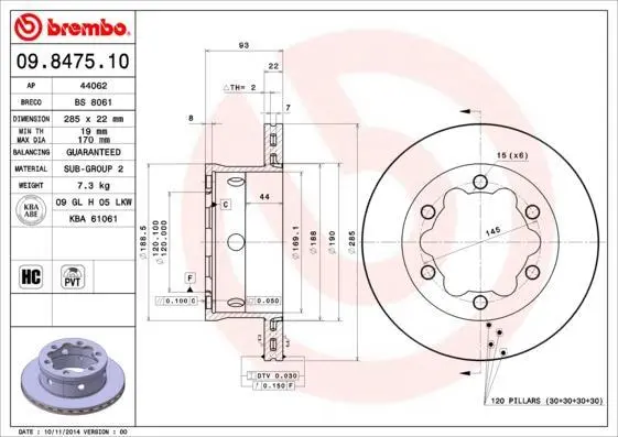 Гальмівний диск зад. вентильований MB Sprinter/VW LT 95- (285*22 спарка) BREMBO 09.8475.10 (фото 1)