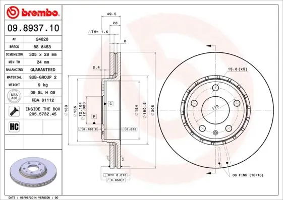 Гальмівний диск пер. Trafic 01-/Vivaro 1-/Primastar 01- (305х28) BREMBO 09.8937.11 (фото 1)