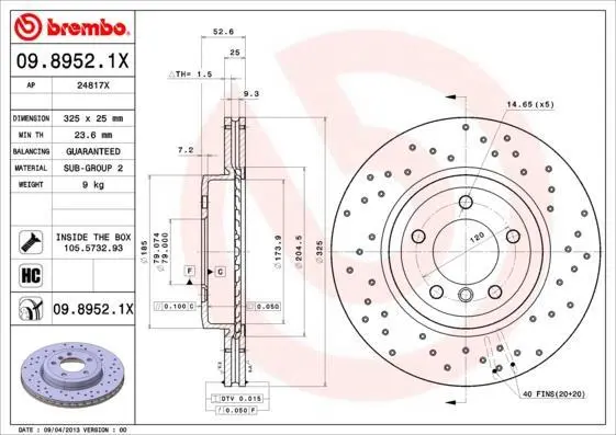 Гальмівний диск пер. 3 (E46)/Z4 (E85/E86) (325х25) BREMBO 09.8952.1X (фото 1)