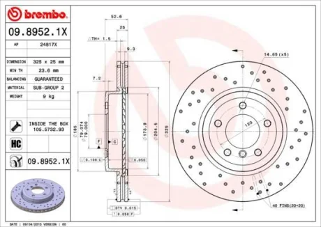 Гальмівний диск пер. 3 (E46)/Z4 (E85/E86) (325х25) BREMBO 09.8952.1X