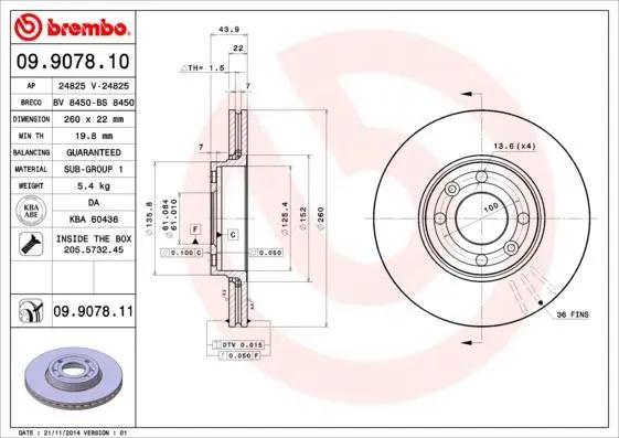 Гальмівний диск пер. Nissan Note 06- /Micra 03- /Logan 07-/Megane 02- (260*22) BREMBO 09.9078.11 (фото 1)
