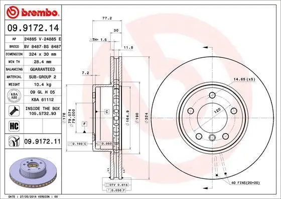 Гальмівний диск пер. E60/E61/E63/E64 (03-10) BREMBO 09.9172.11 (фото 1)