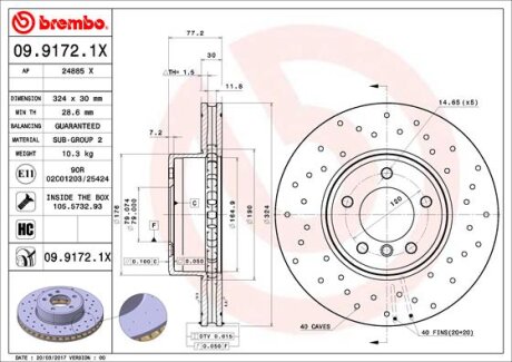Фото диск гальмівний BREMBO 09.9172.1X Диск гальмівний BREMBO 09.9172.1X