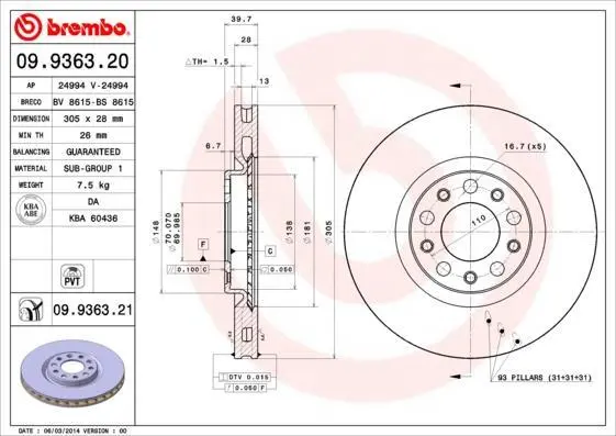 Гальмівний диск пер. Fiat 500 (334_)/Jeep Renegade 14- (305*28) BREMBO 09.9363.21 (фото 1)