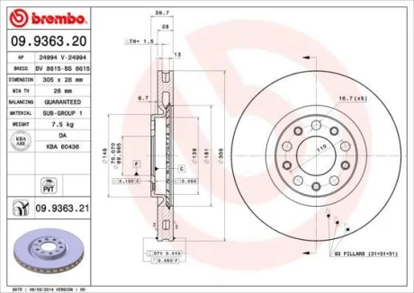 Гальмівний диск пер. Fiat 500 (334_)/Jeep Renegade 14- (305*28) BREMBO 09.9363.21