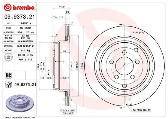 Гальмівний диск зад. Range Rover III 02-12 (354х20) BREMBO 09.9373.21 (фото 1)