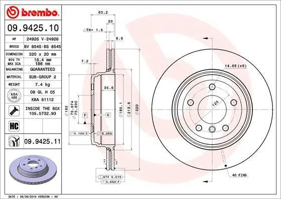 Гальмівний диск зад. BMW E60/E61/E63/E64 03- (320*20) BREMBO 09.9425.11 (фото 1)