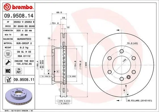 Гальмівний диск пер. MB Sprinter, VW Crafter 06- (300*28) BREMBO 09.9508.11 (фото 1)