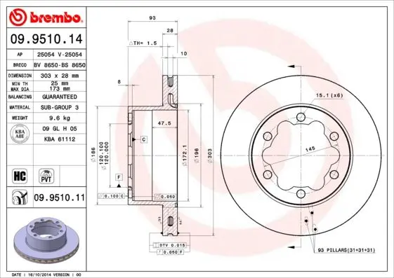Гальмівний диск зад. Sprinter/Crafter 06- (303x93mm)(1шт/уп) BREMBO 09.9510.11 (фото 1)