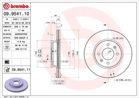 Фото гальмівний диск пер. Getz 01- (256x48mm) BREMBO 09.9541.10 Гальмівний диск пер. Getz 01- (256x48mm) BREMBO 09.9541.10