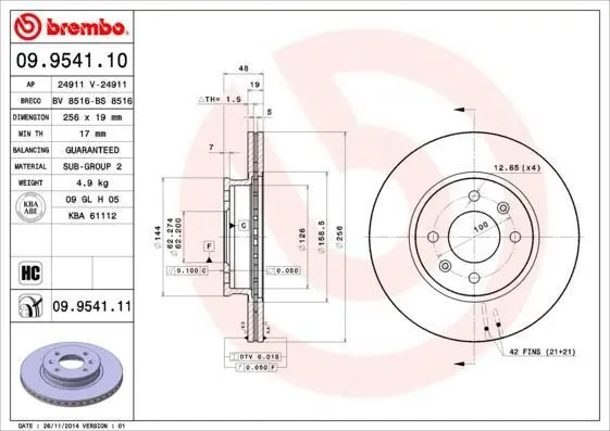 Гальмівний диск пер. Getz 01- (256x48mm) BREMBO 09.9541.11 (фото 1)