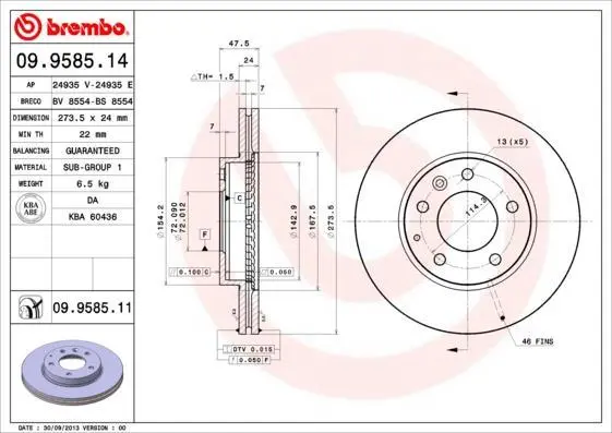 Гальмівний диск п./з. Mazda 6 02- (274x48mm) BREMBO 09.9585.11 (фото 1)