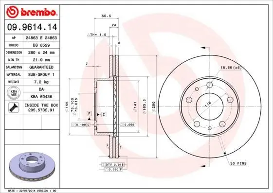 Гальмівний диск пер. Boxer 94- (280x66mm) BREMBO 09.9614.14 (фото 1)
