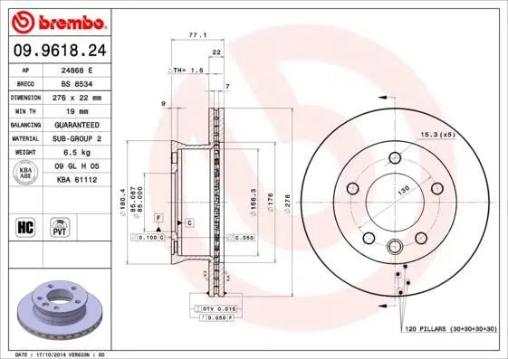 Гальмівний диск пер. MB Sprinter/VW LT 95- (276*22) BREMBO 09.9618.24 (фото 1)