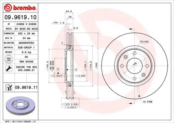 Гальмівний диск пер. 1007/2008/206/207/208 (03-21) 283mm BREMBO 09.9619.10 (фото 1)