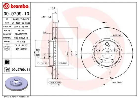 Гальмівний диск пер. Avensis 03- (277x49mm) BREMBO 09.9799.10 (фото 1)