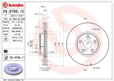 Гальмівний диск пер. Avensis 03- (277x49mm) BREMBO 09.9799.10