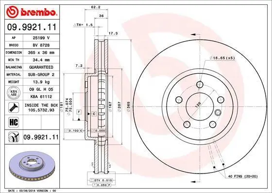 Гальмівний диск BREMBO 09992111 (фото 1)