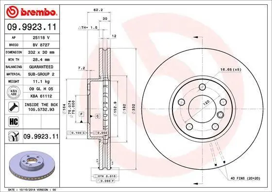 Гальмівний диск пер. BMW X5 (E70/F15/F85) / X6 (F16/F86) 06- (332x30) BREMBO 09.9923.11 (фото 1)